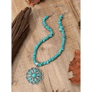 Silver Turquoise Flower Western Pendant Necklace